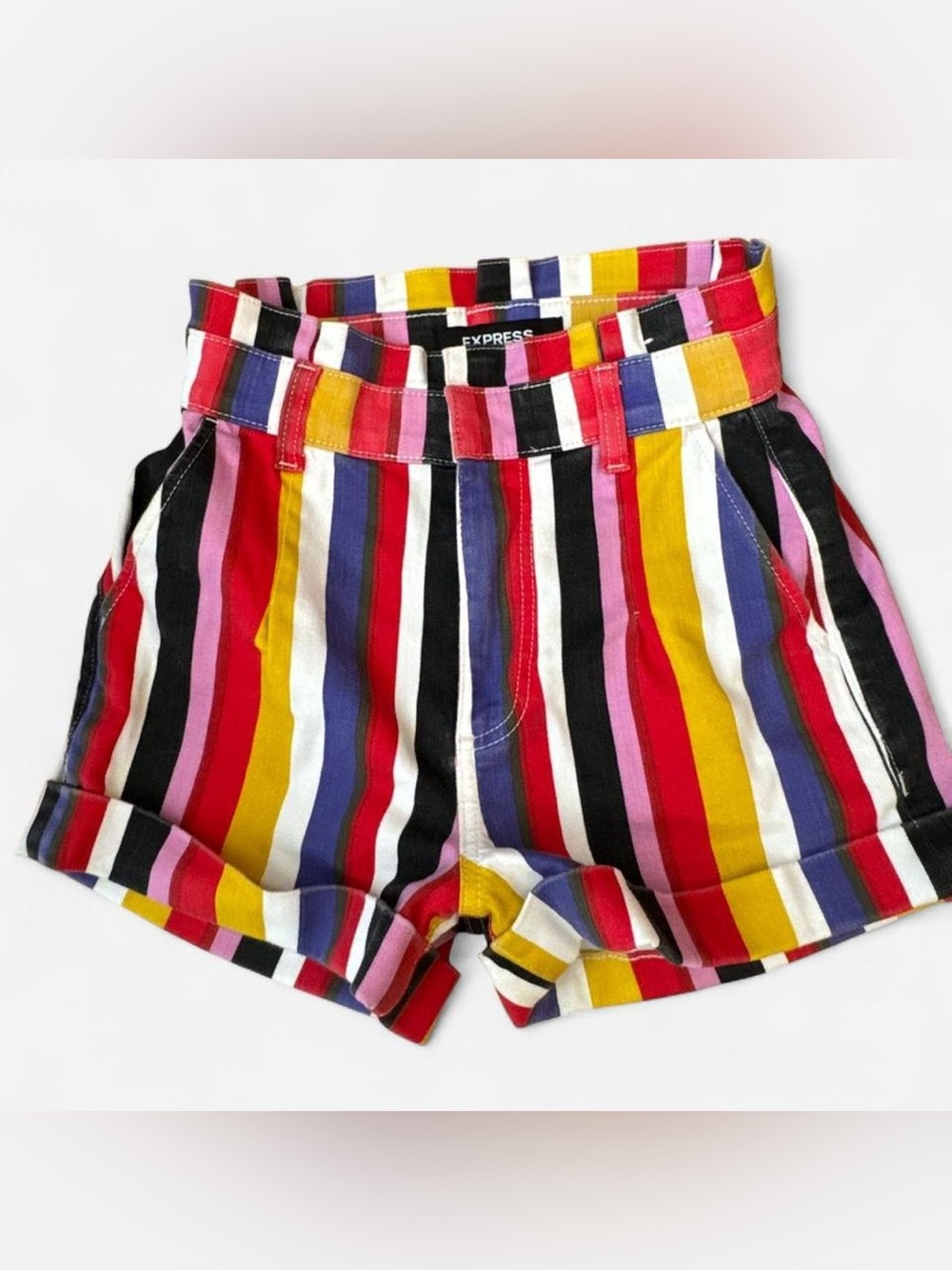 Express Rainbow Vertical-Strip Belted Shorts